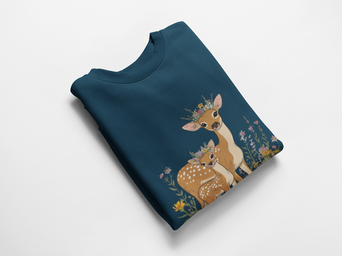 Mama and Baby Deer Sweatshirt - Floral Illustration for Mother and Child