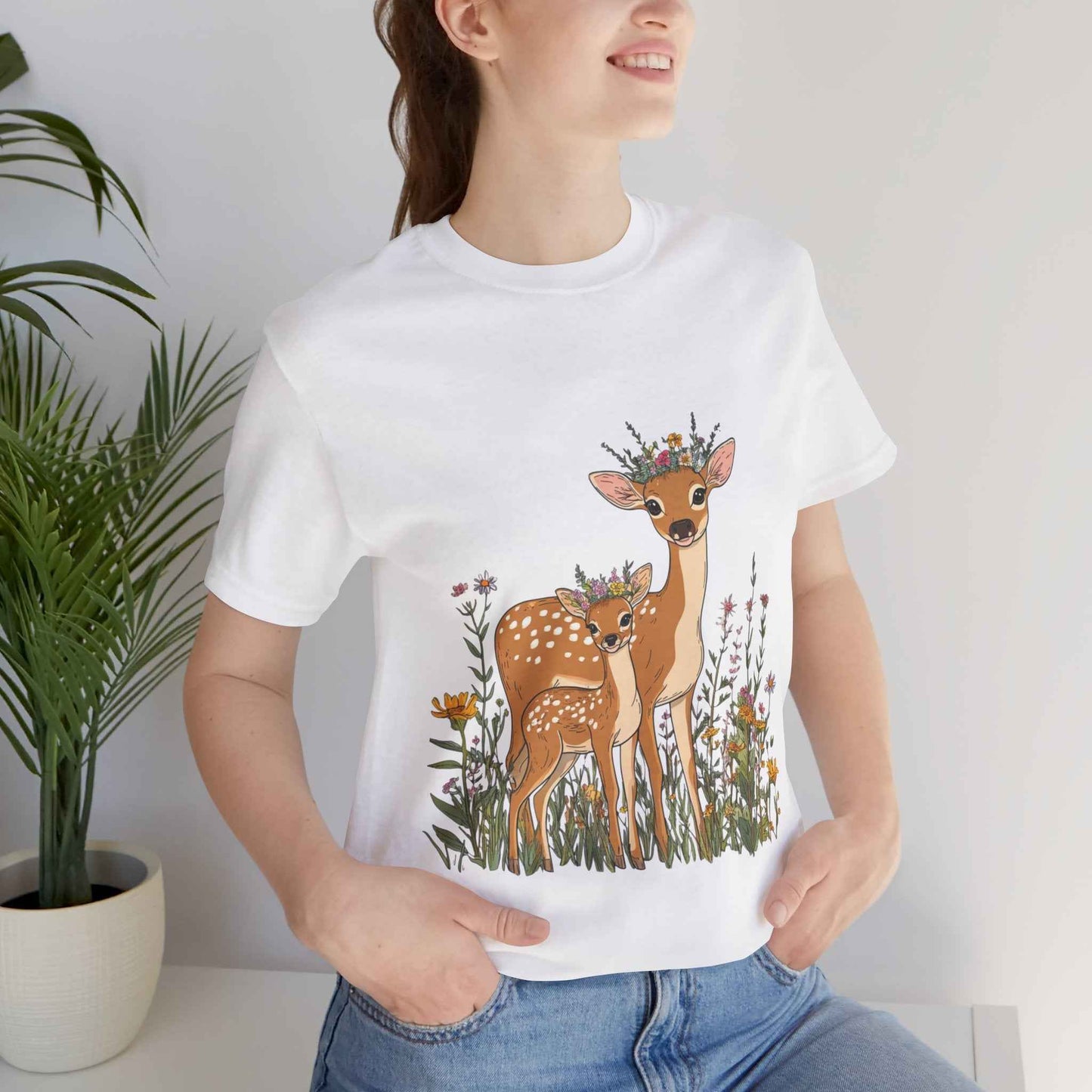 Floral Deer T-Shirt - Mama and Fawn Illustration Tee