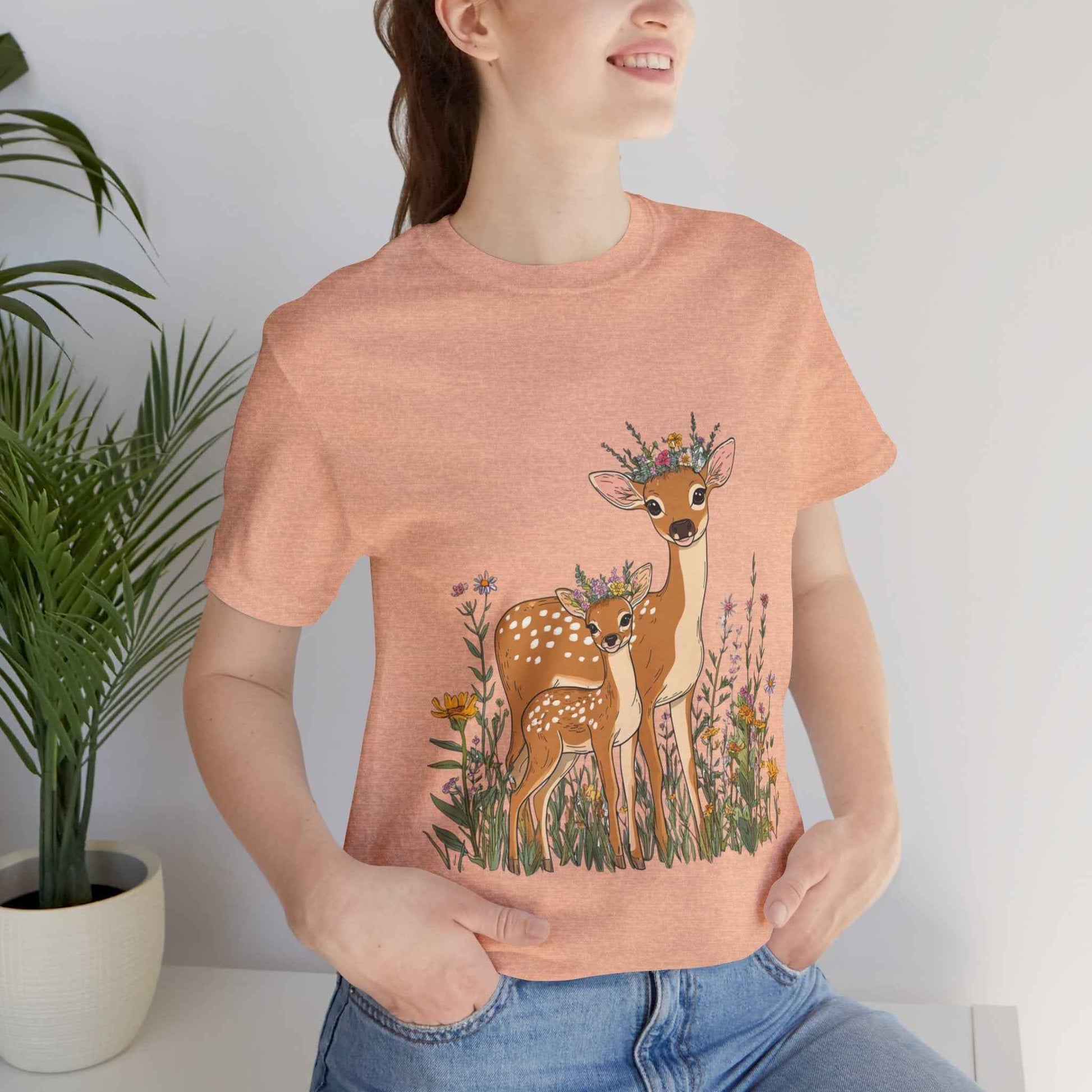 Floral Deer T-Shirt - Mama and Fawn Illustration Tee