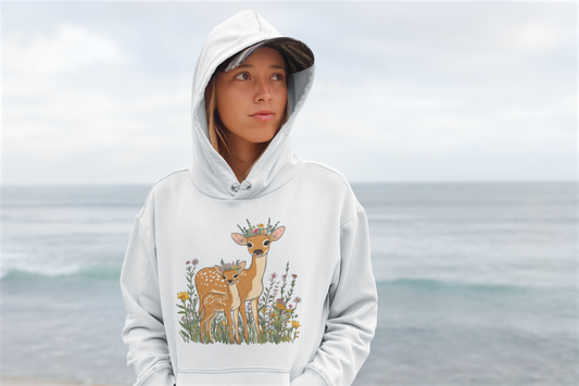Deer Mama Fawn Hoodie - Floral Graphic Hoodie for Nature Lovers