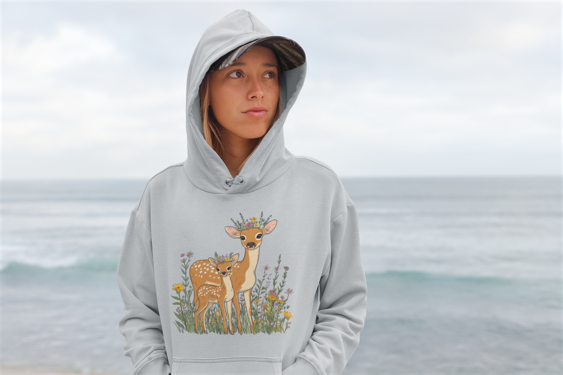 Deer Mama Fawn Hoodie - Floral Graphic Hoodie for Nature Lovers