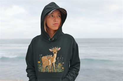 Deer Mama Fawn Hoodie - Floral Graphic Hoodie for Nature Lovers