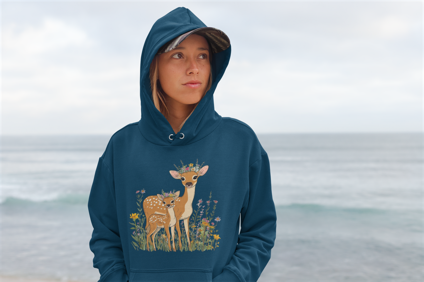 Deer Mama Fawn Hoodie - Floral Graphic Hoodie for Nature Lovers