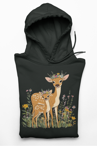 Deer Mama Fawn Hoodie - Floral Graphic Hoodie for Nature Lovers