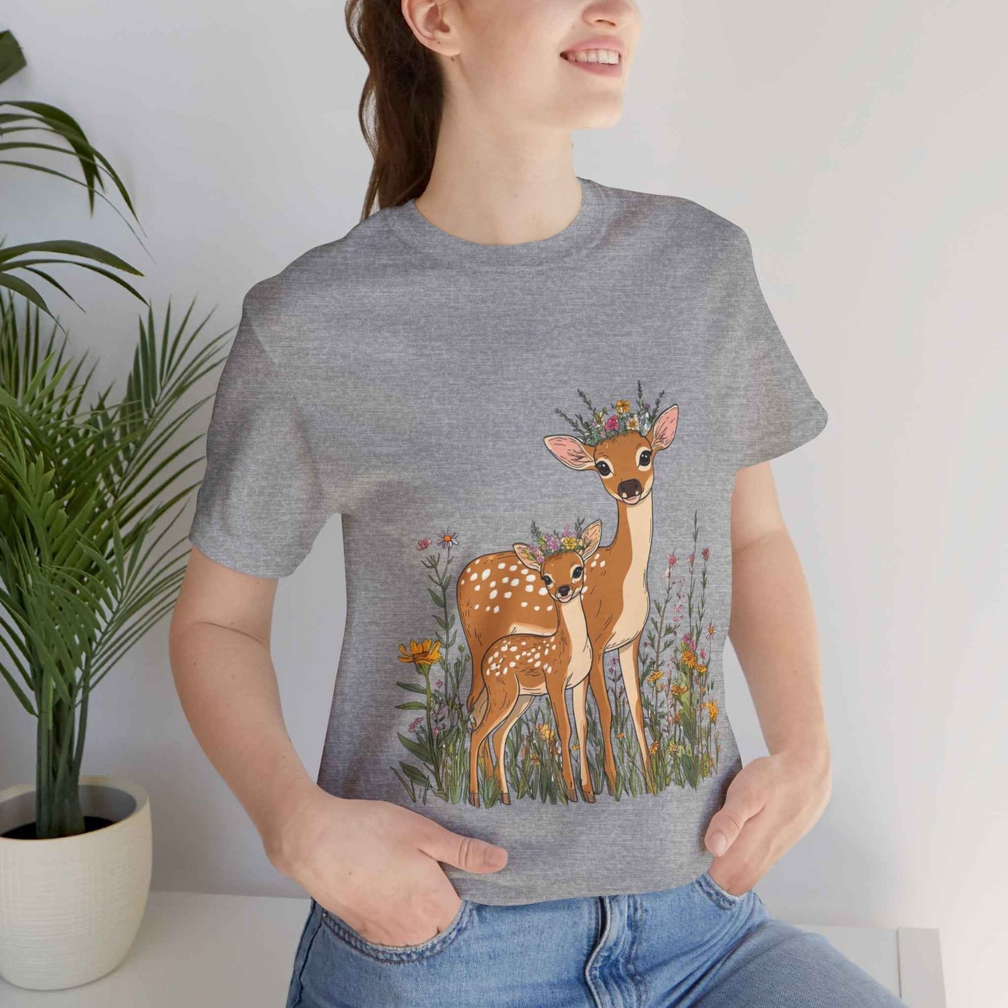 Floral Deer T-Shirt - Mama and Fawn Illustration Tee