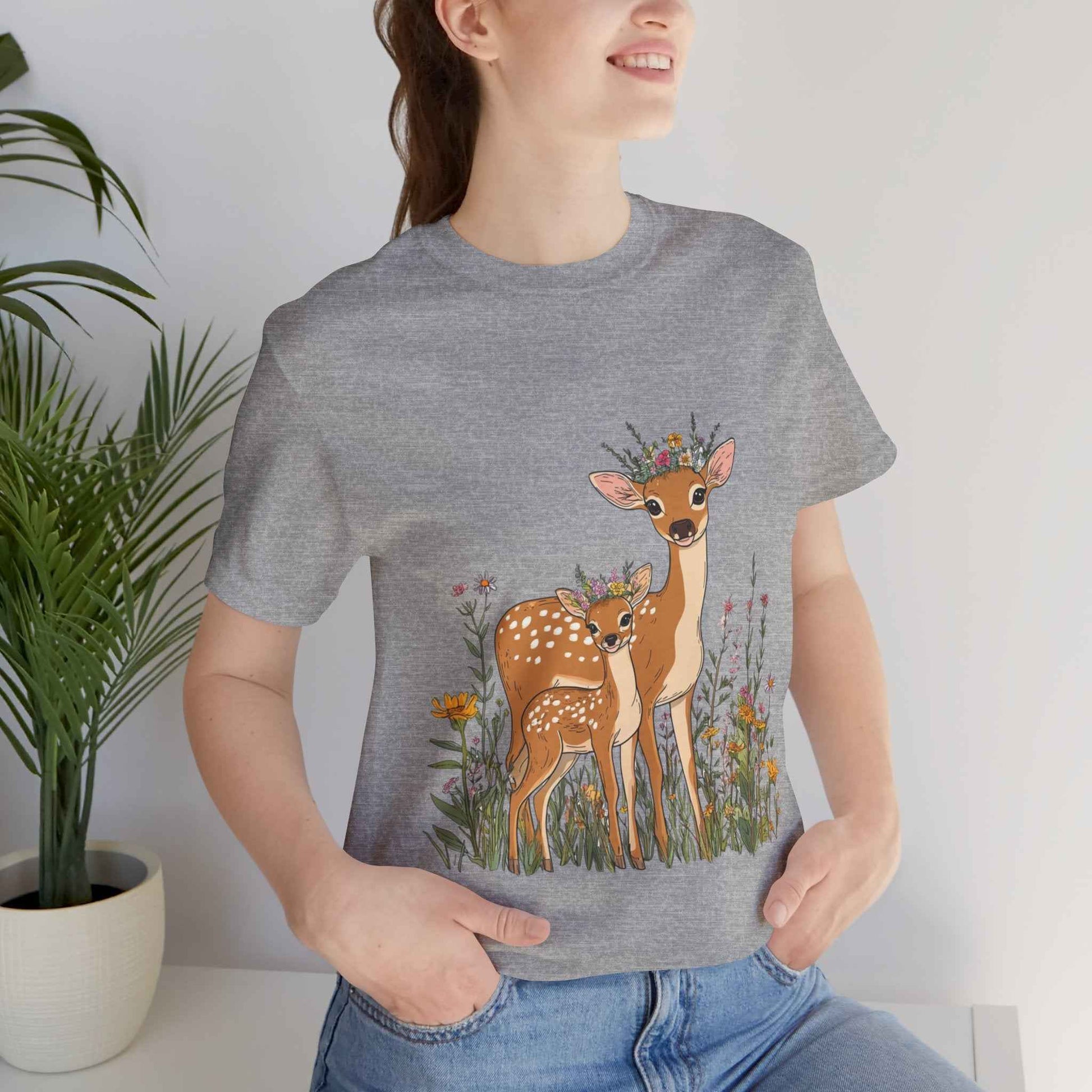 Floral Deer T-Shirt - Mama and Fawn Illustration Tee